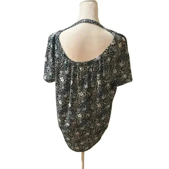 Ann Taylor LOFT Tunic Size M Blue Green Floral Short Sleeve Open V Back - Picture 2 of 6
